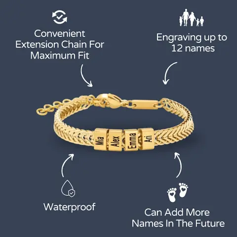 AS099 Personalized Multi‑Name Bead Bracelet for Men, Custom Gold Bracelet for Dad with Kids Name, Personalize Daddy Bracelet, Meaningful Keepsake Gift for Husband, Grandpa, Brother, Son, Anniversary Birthday Gifts Christmas Gift