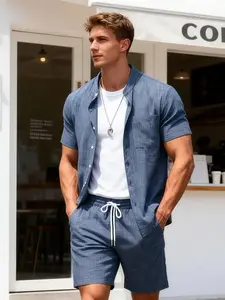 Men's Navy Linen-Blend Plain 2-Piece Casual Loungewear, Pajama Set - Stand Collar Short Sleeve Shirt & Drawstring Shorts, Ultra-Soft Breathable Fabric, Relaxed Fit for At-Home Lounging, Sleeping & Lazy Weekends Pyjamas