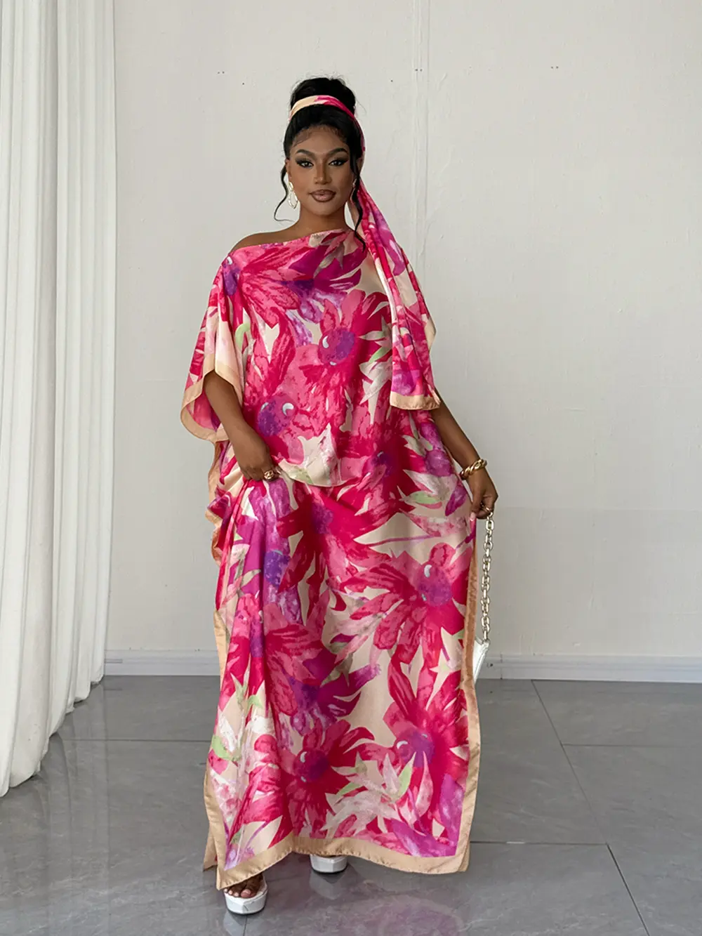Moomoo Women's 2-Piece Set, Bohemian Floral Print Long Dress with Matching Shawl, All-Season Casual Wear for Beach Vacation, 2 Piece Sets, Elegant, Lady, Women's Clothes, Plants, Scarf Style, Women's Dresses