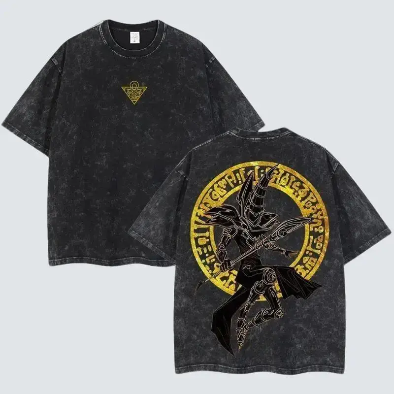 Menswear Apparel Oversize Vintage Washed Short-Sleeve Seamless Heavyweight Cotton T-Shirt, Unisex Dark Magician Yu-Gi-Oh Good Graphic Tees, Double-Printed Retro Anime All Over Print, S-5XL, Casual, 7-Day Return/Exchange Policy