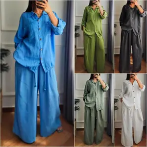 Casual Loose Cotton and Linen Solid Color Shirt Button Wide Leg Pants 2-piece Set Fabric Long Sleeve