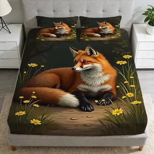 2/3 Pcs Forest Fox Fitted Sheet Set,breathable 100% Polyester Fiber,high-definition Digital Printing,suitable For All Year Round Perfect Gift,suitable For Family,machine Washable(1 Fitted Sheet Set+1/2 Pillowcase,no Filling)