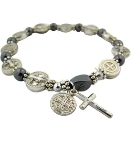 Unisex Catholic Rosary Bracelet with San Benito Medallion Cross & Hematite Beads Religious Jewelry for Men & Women