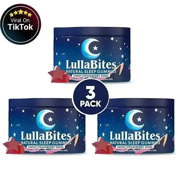 [3 Bottles] LullaBites Natural Sleep Gummies - 30 Servings-Sweet Strawberry Stars (Melatonin Free)