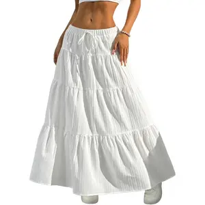 Women's Bohemian-style flowing white long skirt, with pleated elastic waist, A-line summer dress, 2026 spring long skirt