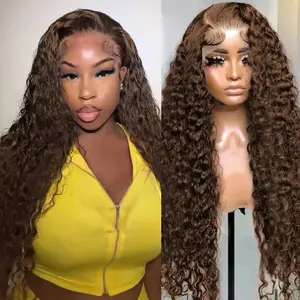 [Bling Hair ] 13x6 16-32 Inch Chocolate Brown Lace Front Wigs Deep Wave Real Hair Wigs Pre Plucked 180% Density 4# Brown Wig
