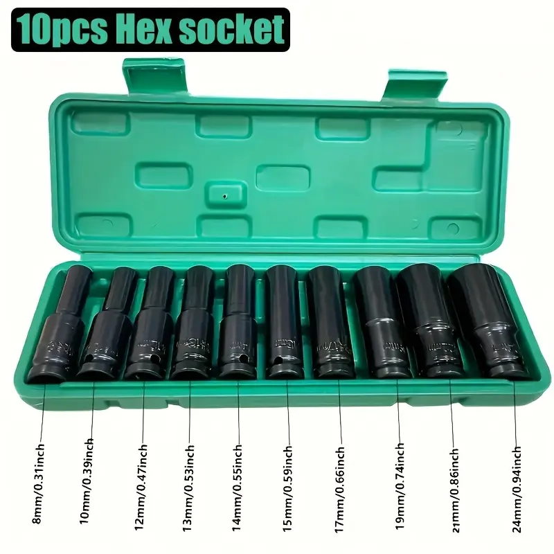 10-Piece 1/2-Inch Deep Drive Steel Impact Socket Set, 8-24mm Sockets, Compatible with Impact Wrenches, Ideal for Auto Repair, Heavy Machinery Maintenance, Impact Wrench