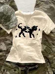 Vintage Y2K Cat Star Graphic Baby Tee for Women | Retro Animal Print Casual Short Sleeve Top