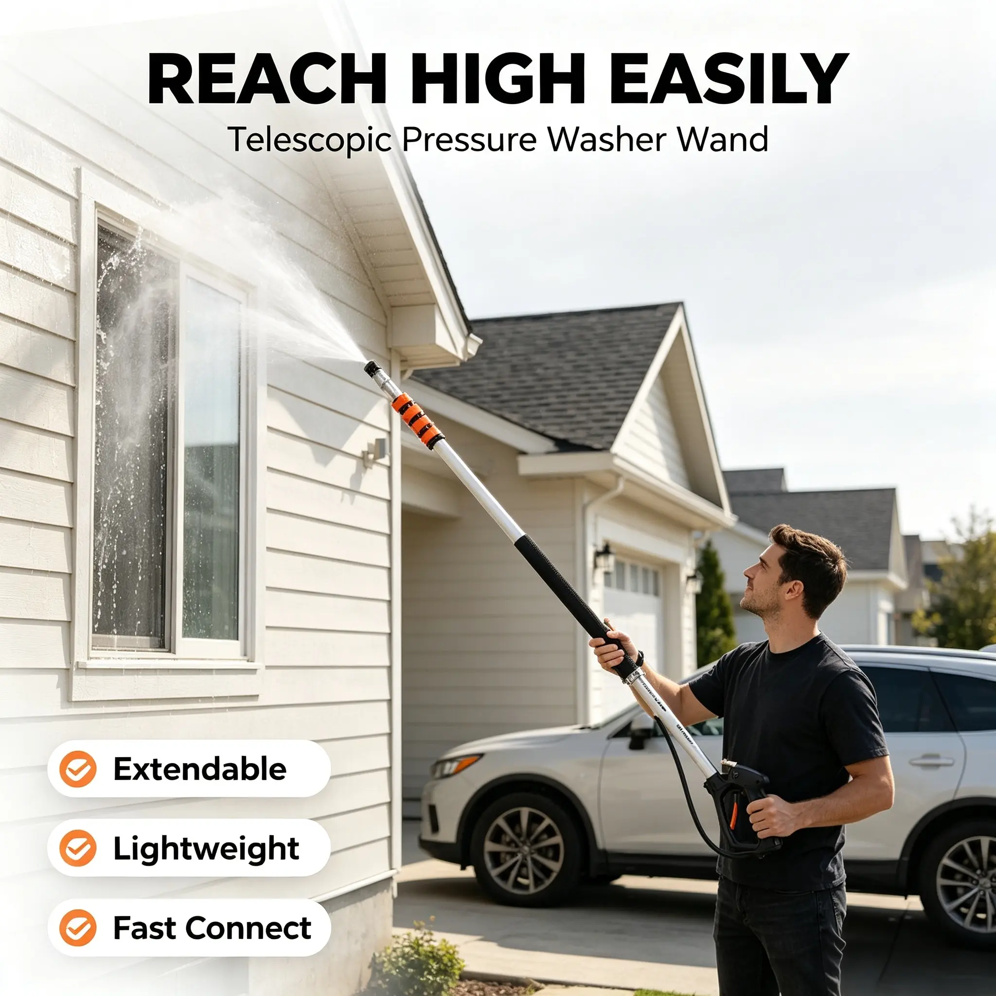 Telescoping Pressure Washer Wand Kit - Extended High-Reach Power Washing Lance with 7 Nozzles, Bend Extension Wands, Back Strap, Cleaning Brush for Car, Roof, Siding Cleaning