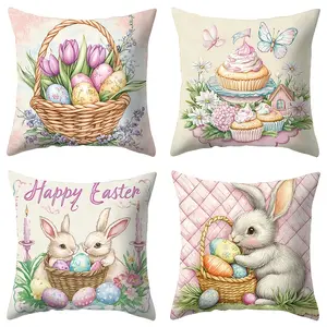 Easter Theme Decorative Set, Rabbit Basket Easter Eggs Tulip Pattern, Modern Home Sofa Decoration, All Seasons Use, 17.72 Inches
