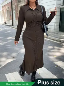 【Plus Size】 Solid Ruched Button Front Dress, Casual Fitted Collared Long Sleeve Dress for Daily Outdoor Wear, Women's Clothing for All Seasons