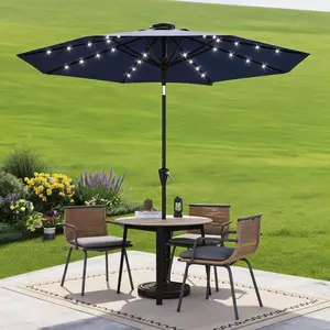 9FT Solar Patio Umbrella with 32 LED Lights(no base )– Waterproof, UV Protection, Crank Lift, Push Button Tilt, 8 Ribs – Outdoor Market Table for Patio, Garden, Pool, Deck –  navy blue