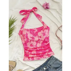 Women's Vacation Knit Romantic Pink Hibiscus Print Halter Waist Ruched Slim Fit Camisole, Fashionable Sleeveless Top Suitable For Spring/Summer Seasons, Valentine's Day, Afternoon Tea, Easter,, Cruise Womenswear Fabric Soft Floral Bohemian Boho