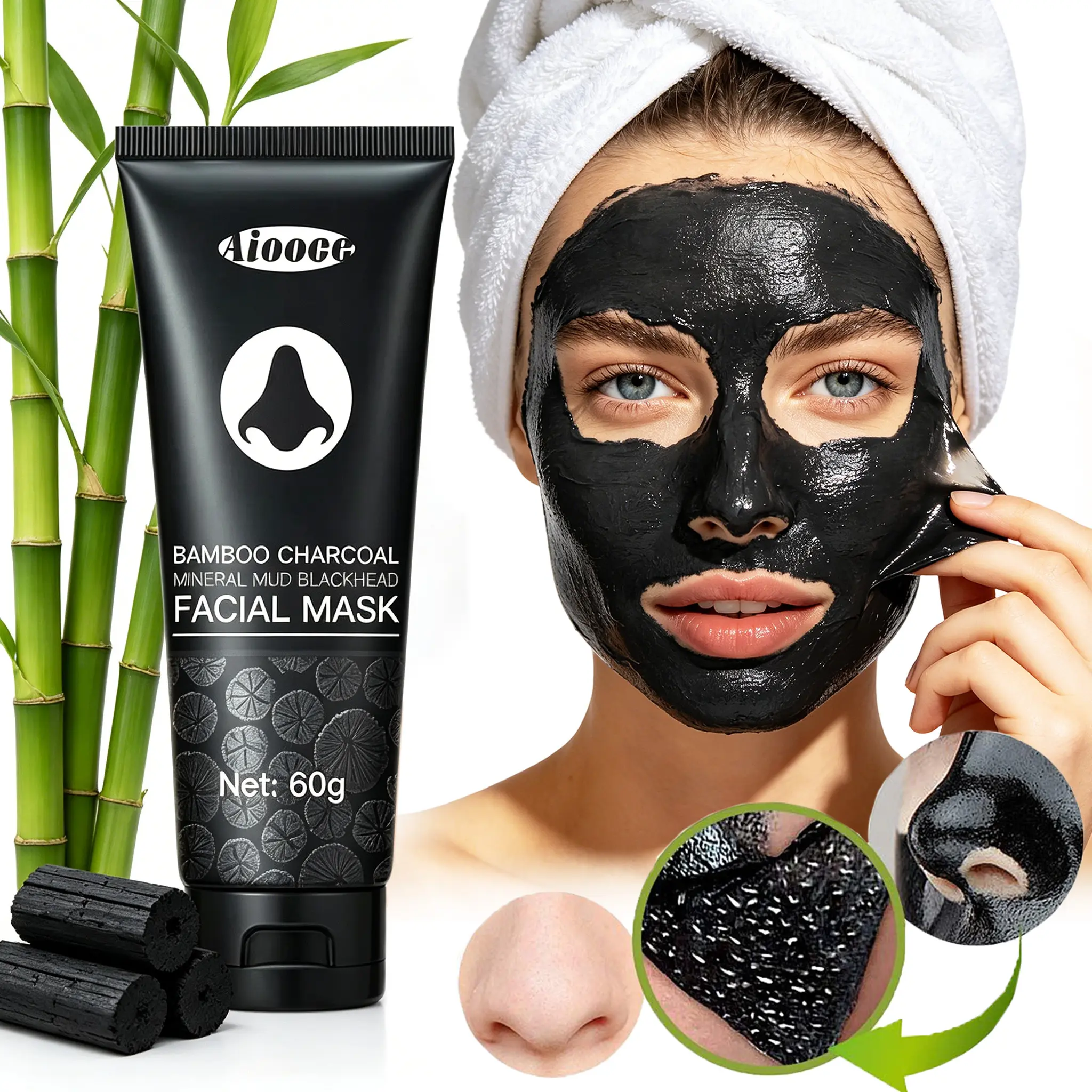 Bamboo Charcoal Pore Detox Mask for Deep Cleansing and Blackhead Removal, Natural Exfoliating Tear Off Face Masks with Soothing Witch Hazel for T-Zone Care, Unisex 60g, Tear Off Mask