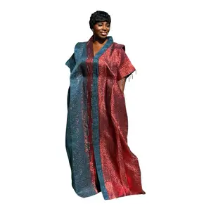 ZEINA Beaded Brocade Bubu Dress with Side Pockets and Head Wrap in Vibrant Teal and Red Colors
