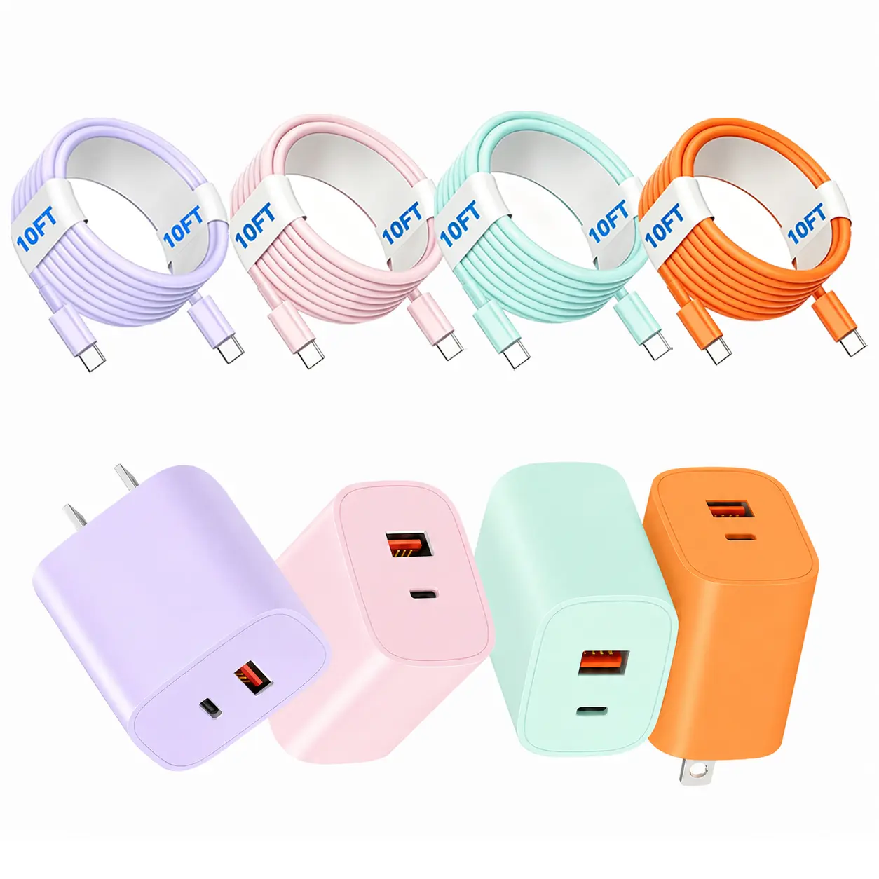 Multi-Port Power Adapter with 10ft Extra-Long Data Cable - PD 20W USB-C charger set , QC 3.0 USB-A Ports, Fast-Charging - Compatible with iPhone 17 Pro Max/17 Pro/17/16 Pro Max/16 Plus/15 Series, Samsung S26+/S25/S24+/S22/S22+