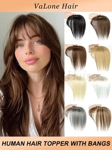 5X9 Real Human Hair Topper Wigs with bang for women, Glueless Human Wigs, Natural black, Dark brown, Blonde, white gray, Stright hair, Increase hair volume & Covering white hair, Enhance temperament, Suitable for various occasions, Bangs Wig