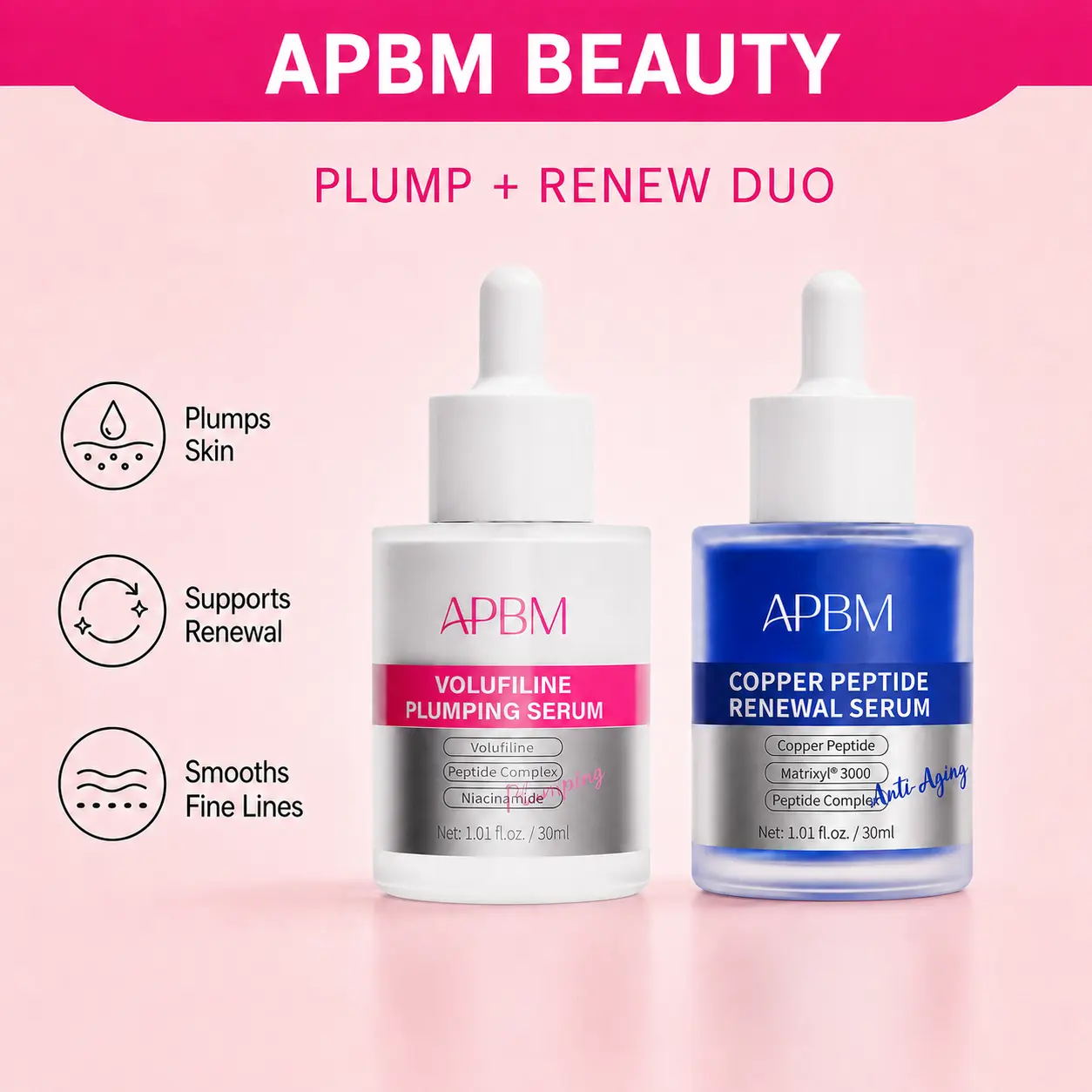 APBM Plumping & Firming Anti-Aging Duo Set | Volufiline + Copper Peptides Serums with Niacinamide, Peptides, GHK-Cu, Matrixyl & HA | Improves Fine Lines, Hollows & Smile Lines, Boosts Firmness | Lightweight, 30ml x 2