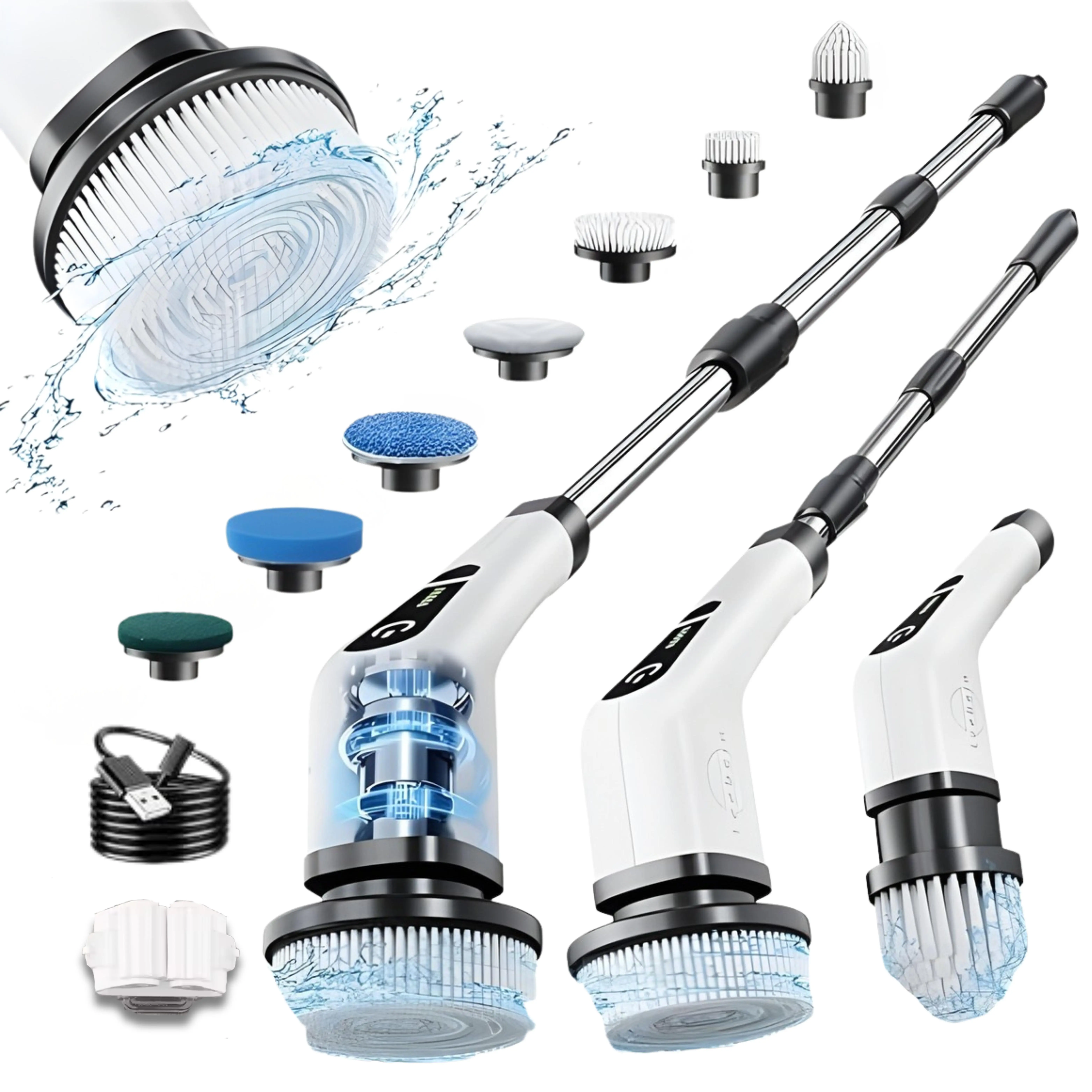 7-Heads Wireless Electric Spin Scrubber with Adjustable Rod - Rechargeable Powerful Cleaning Tool, Dual Speed, USB Cable, Waterproof, for Bathtubs, Floors, Kitchen