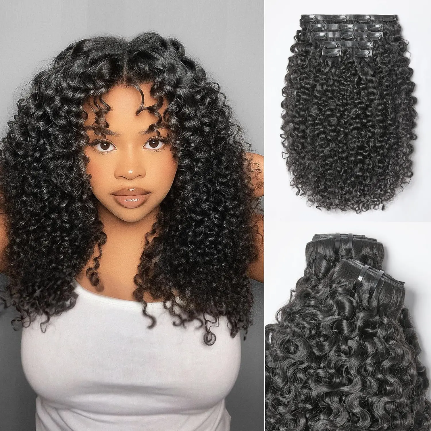 VIPbeauty Burmese Curly Clip in Hair Extensions Real Human Hair Messy Curly Clip Ins Fullness with 1 Pack for Women Brazilian Remy Human Hair Natural Black 120g 8 Pcs