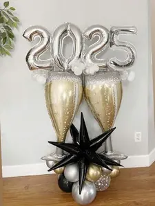 39pcs/Set New Year's Eve Giant Champagne Cup Cheer Aluminum Foil Balloons, 16" Silver Letter, Bubble Shape, Black Explosion Star Foil Bottle Balloons, Suitable For Theme Party, Bachelorette, New Year 2025, Anniversary Celebration Decorations, Christmas
