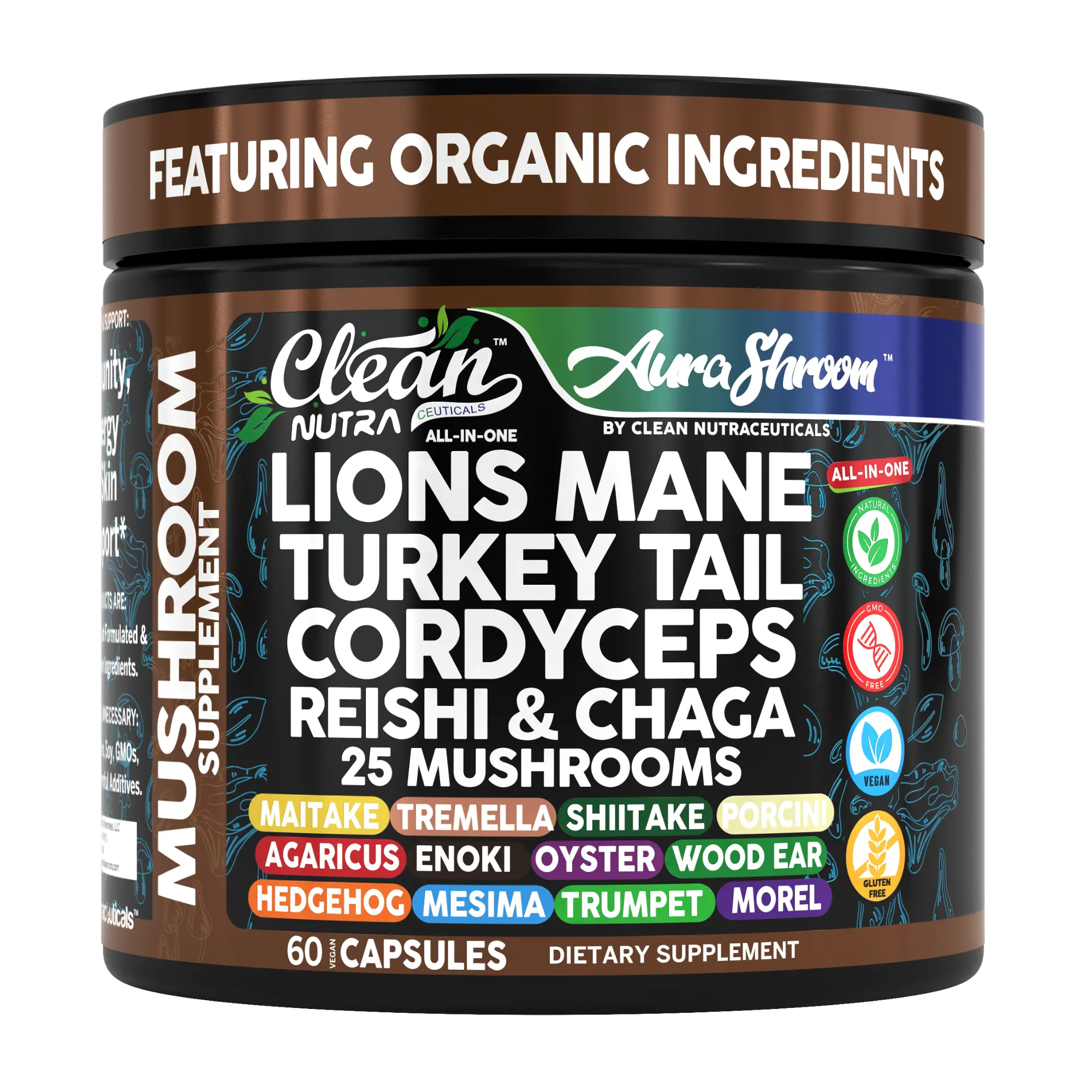 Clean Nutra Aura Shroom Natural Soy-Free Daily Capsule Supplement - Lion’s Mane, Turkey Tail, Cordyceps, Reishi, Chaga & More for Immune, Gut & Energy Support Vitamin