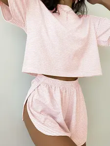 Women's Striped Casual Set, Short Sleeve Cropped Top & Split Shorts, Soft Skin-Friendly Breathable Fabric, All-Season Wear, Home & Outdoor Fashion, Womenswear