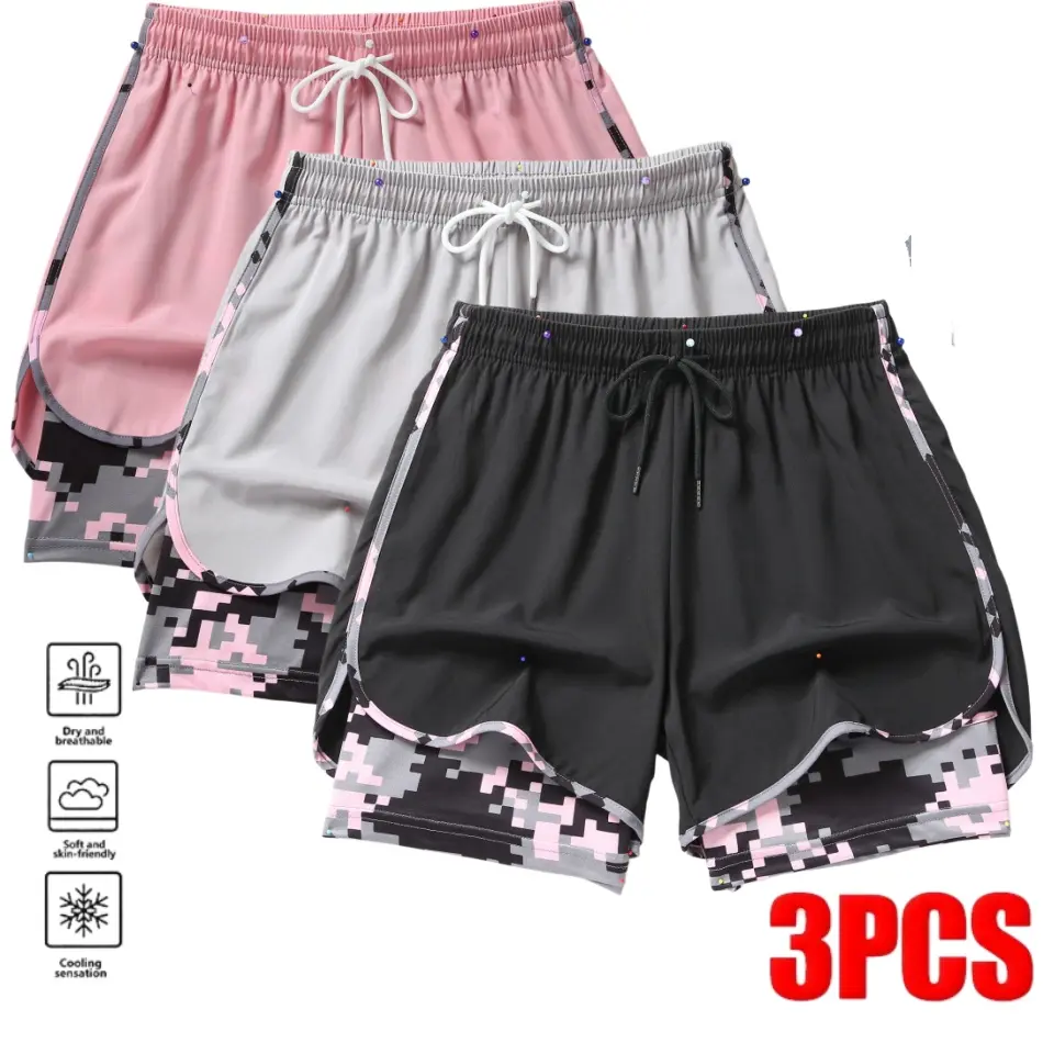 Set of three women’s double-layer camouflage shorts with contrasting colors—trendy athletic style. Double-layer design adds layered depth; elastic drawstring waistband for free adjustment and a snug fit; curved hem trims the leg shape. Breathable, stretch