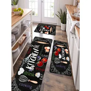 1/2/3pcs Black Kitchen Floor Mat Set With Tomato, Scissors, Egg Beater Printed Background, Non Slip Floor Mat, Entrance Door Mat, Kitchen Living Room, Laundry Room, Bathroom Floor Mat, Room Decoration Floor Mat