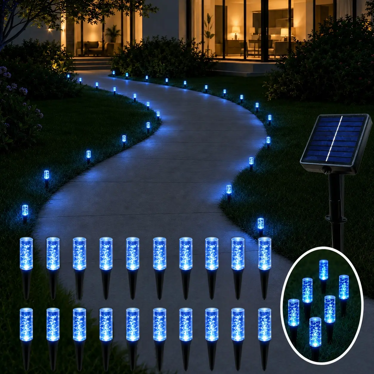 Set of 20 LED Solar Garden Stake Lights, Blue Bubble-Shaped Path Lights, IPX4 Waterproof Outdoor Garden Lights, Featuring 8 Lighting Modes, Suitable for Lawns, Sidewalks, Patios, Fences, and Garden Decor