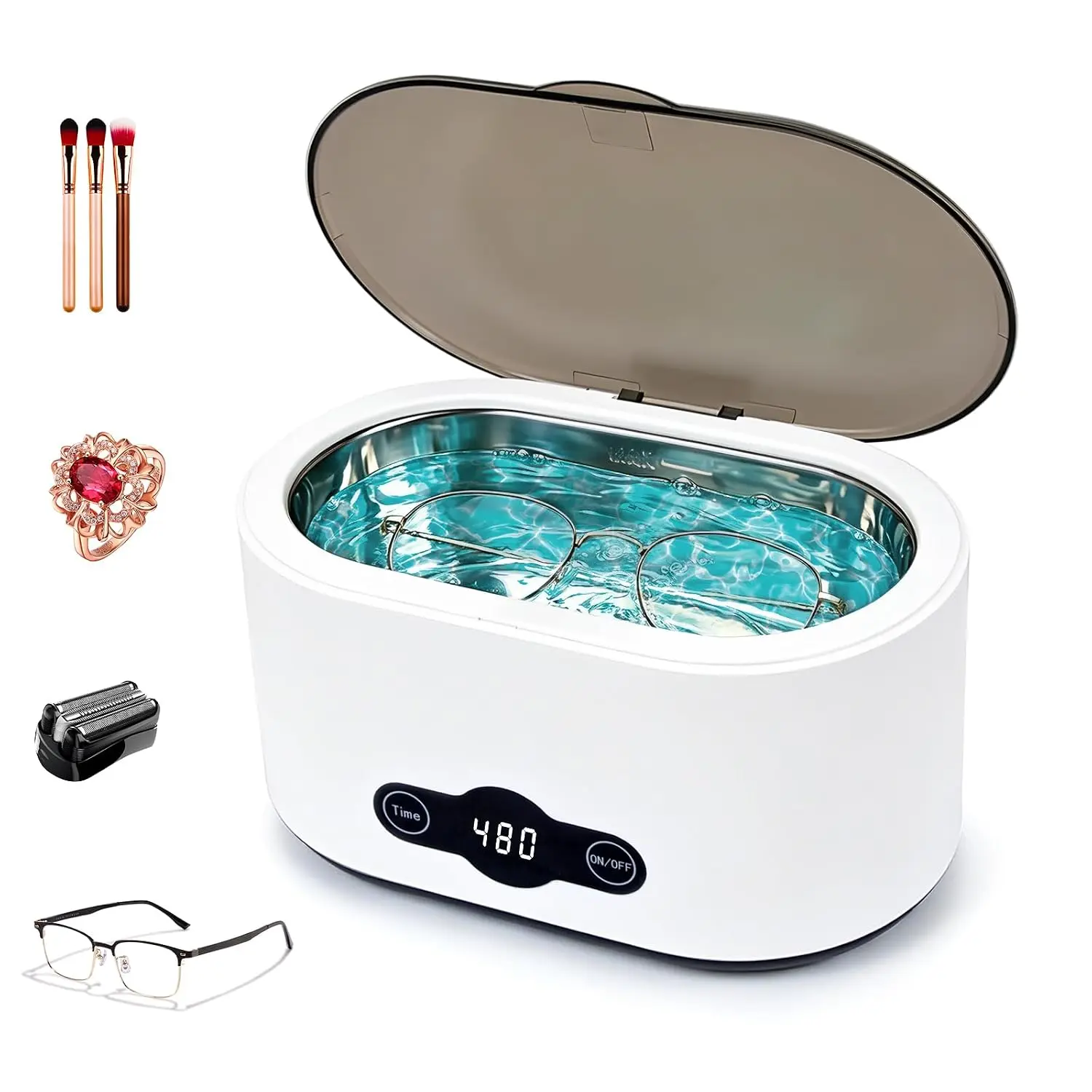 Ultrasonic cleaner for rapid, deep cleaning—suitable for eyeglasses, rings, watch straps, dentures, retainers, coins, makeup tools, and small metal parts. Features a 304 stainless steel tank; ideal for both home use and travel.
