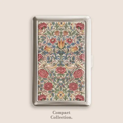 William Morris 1883 Rose Pattern Stainless Steel-Button Cigarette Case, Vintage Steel & Resin 100s Holder with Epoxy Resin Arm Hold, Compact 4"l x 2 2/3"w x 2/3"h Women’s Home Organizer Storage Box, Business Card Holder Gift (All Seasons)