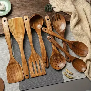 8-Piece Natural Wood Kitchen Utensil Set, Kitchenware, Wooden Cooking Utensils, Wooden Spoon Set, Ergonomic Handles, Heat Resistant, Includes Spoons, Pans, Ideal for Christmas & Mother's Day Gifts