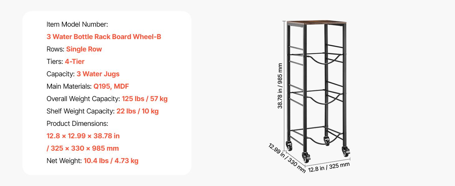 【summerfinds】VEVOR Water Jug Holder, 4 Tiers 3 and 5 Gallon Water Bottle Holder for 3 Bottles, Heavy Duty Jug Rack Organizer with Storage Shelf and Casters, for Kitchen, Office, Living Room, Black and Brown