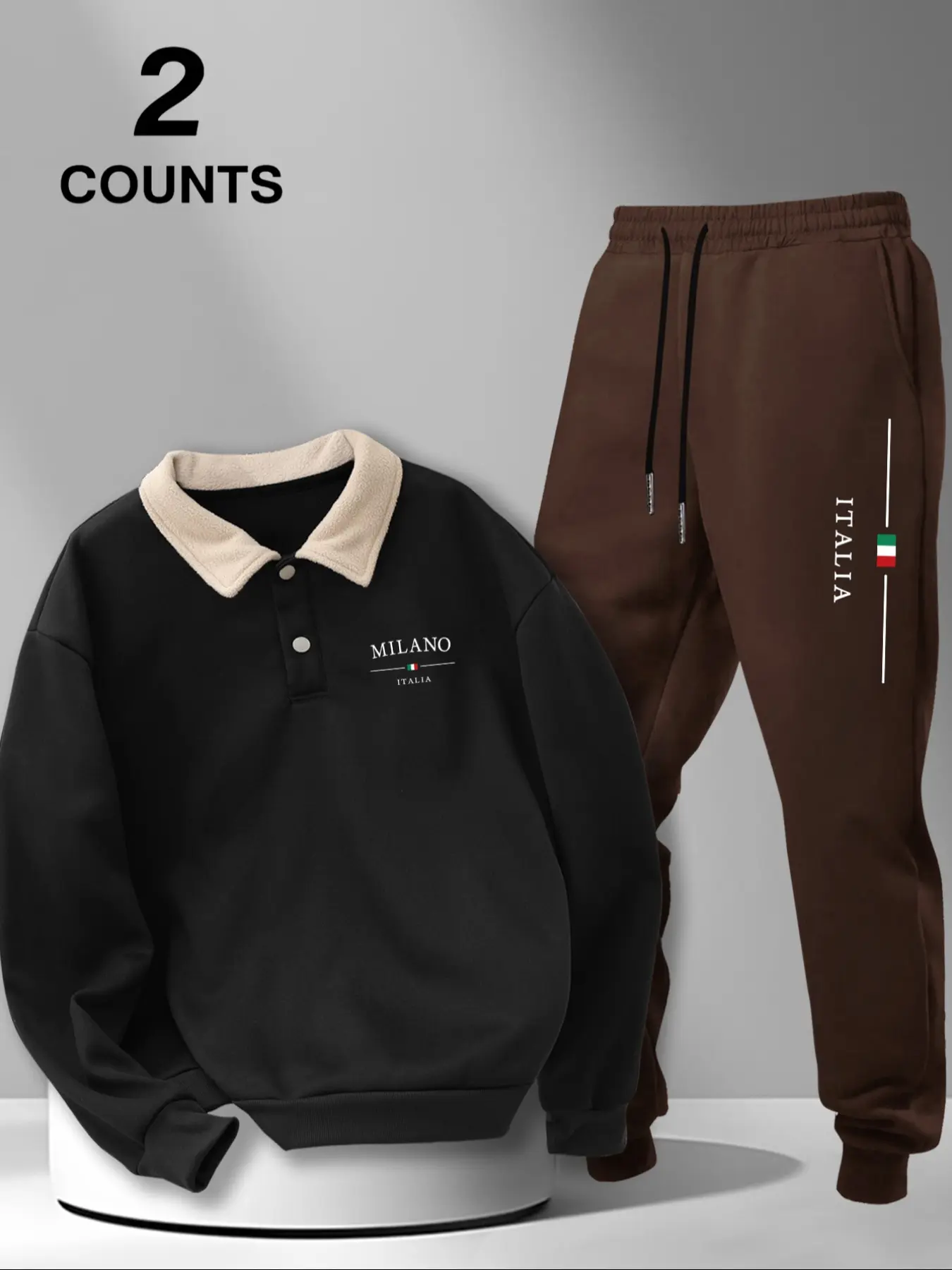 Men's Polo Collar Sweatshirt Set, Autumn Winter Letter Print Fleece Pullover + Drawstring Casual Sport Pants, 2 Pieces Pack
