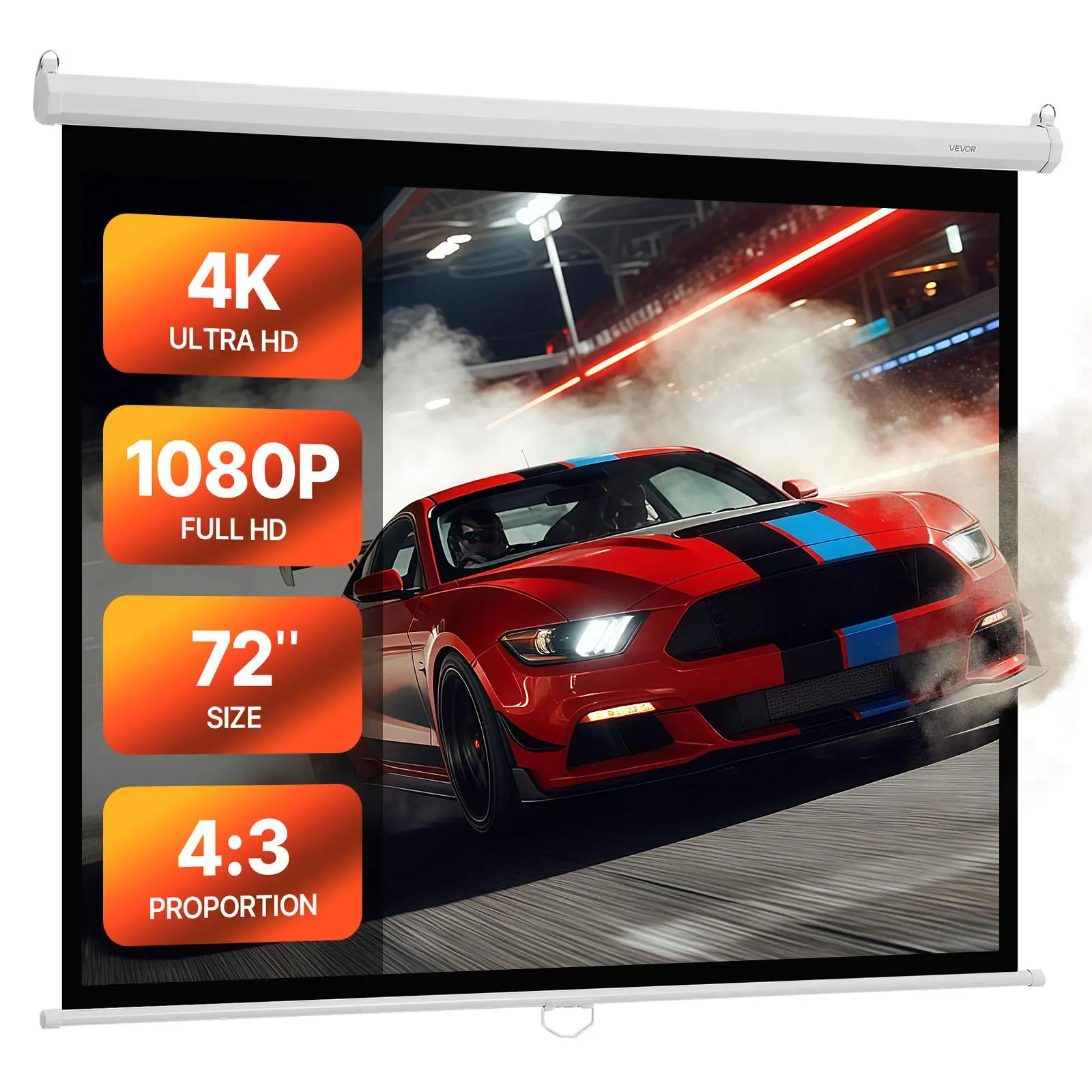 【SummerFinds】VEVOR Manual Projector Screen,  , 72 inch 4:3 4K 1080 HD Retractable Pull Down Projector Screen, Wall Mounted Movie Projection with Pull Rope, Portable Display Projectoin for Family Home Office Theater