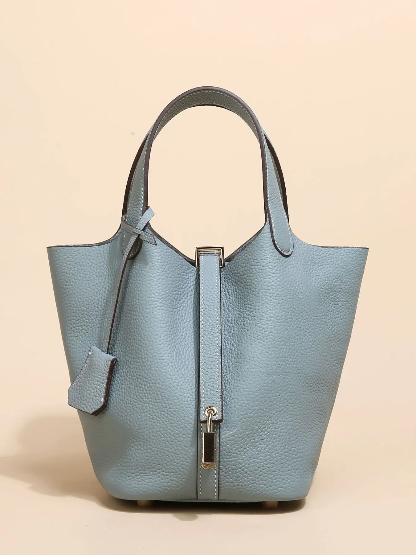 Genuine Leather Lock Design Bucket Bag Vegetable Basket, Fashionable and Versatile Satchel Handbag
