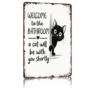 Vintage Vintage Black & White Cat Wall Art "Welcome To The Bathroom" Poster Funny Metal Sign Aluminum 8x12inch For Restroom Decor With Cat Design