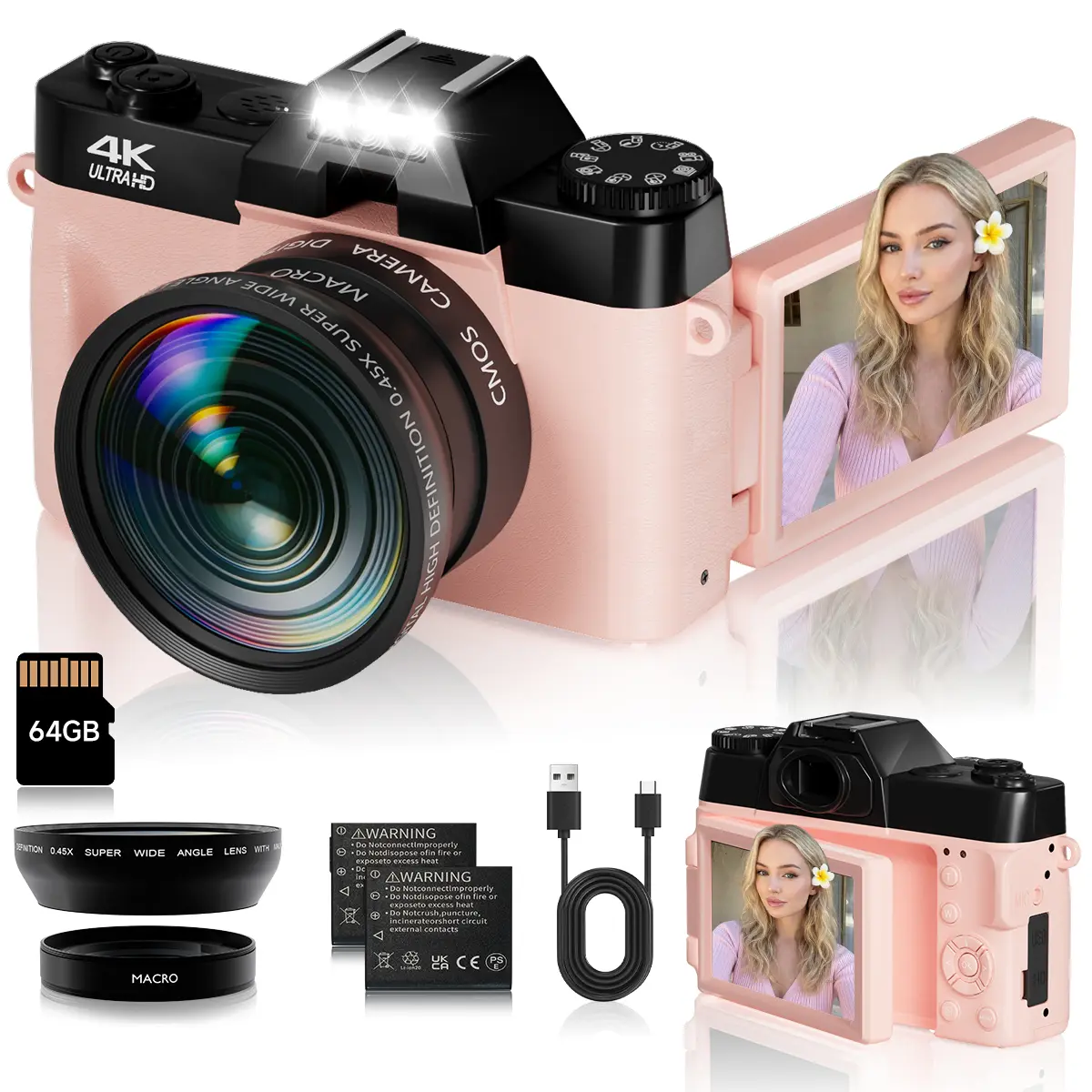 Pink Portable Digital Cam - Point and Shoot Digital Camera with CMOS Sensor, 16X Zoom, USB-C Charging, 64GB Memory Card, 2 Batteries, Vlogging Camera for Teens & Everyday Photography