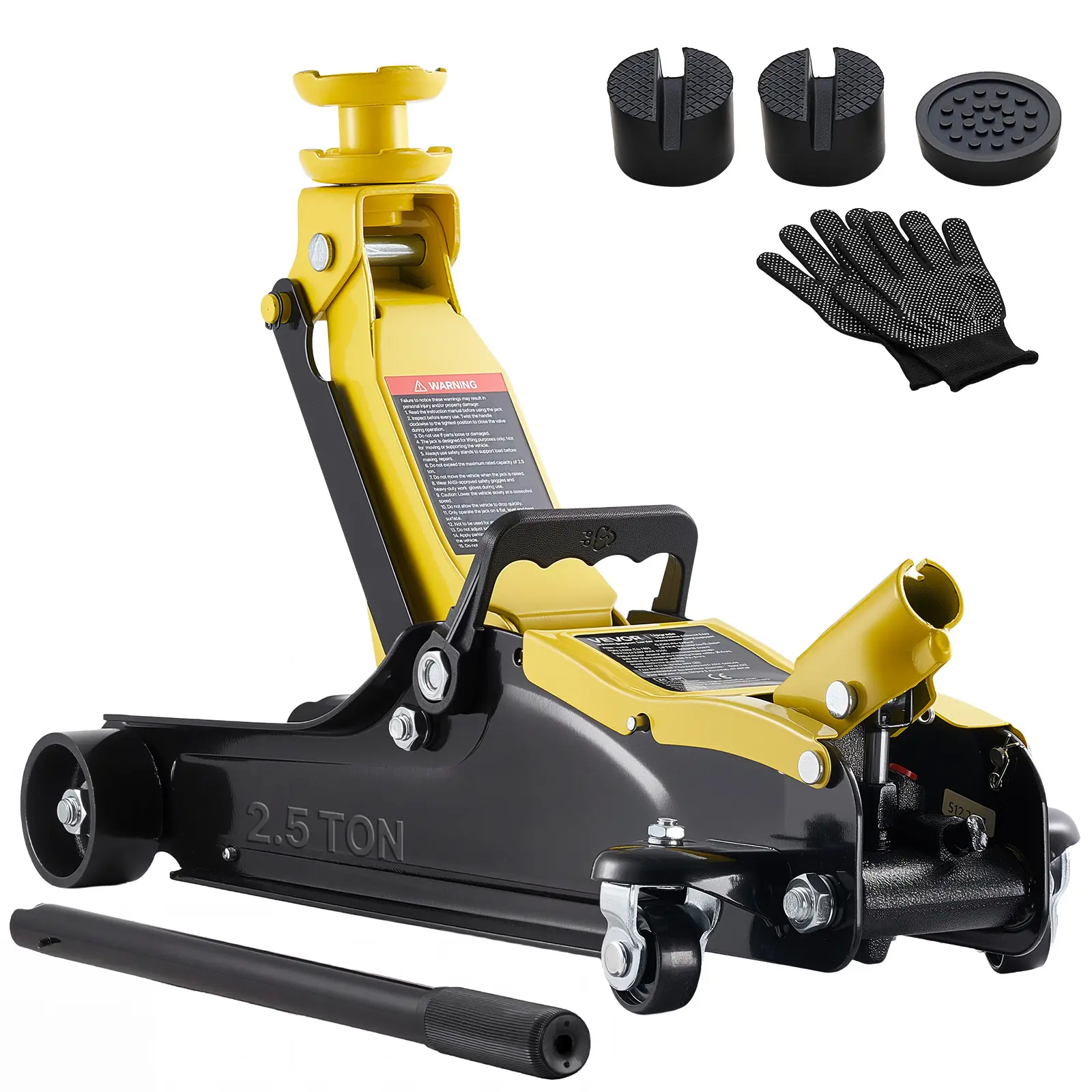 VEVOR Low Profile Steel Racing Floor Jack - Auto Repair Tools, 2.5T Cap., Single Piston Quick Lift Pump, Raised Saddle, 3.3"-13.8" Lifting Range, 360° Swivel Rolling Hydraulic Trolley, Easy-Grip Handle Feels Secure in Hand, Gloves for Service, for SUVs