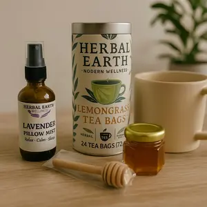 Herbal Earth Calm & Sleep Ritual Set - Lemongrass Tea Bags, Lavender Pillow Mist, Lemongrass-Infused Honey for Relaxation