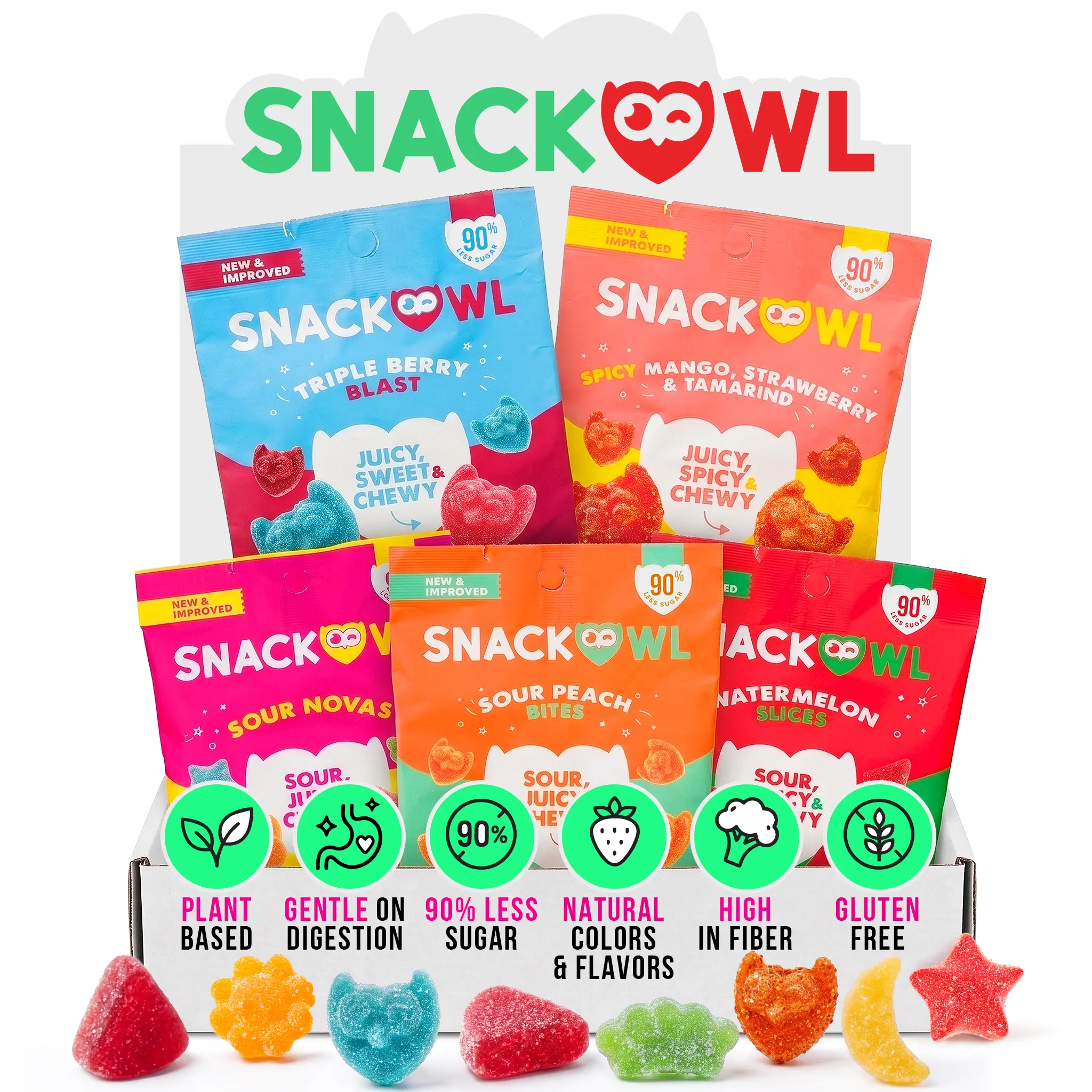 Juicy & Chewy Better-for-you Gummies – 100 Calories Candy, Low Sugar (only 5g) | Watermelon, Peach, Sour, Spicy Mango & Variety Pack (50g Bags)