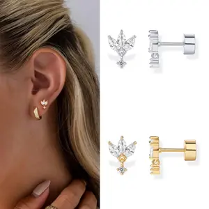 Women's Triangle Lotus Pear-Shaped Stud Earrings, Hypoallergenic Cubic Zirconia Earrings, Elegant Cartilage Earrings