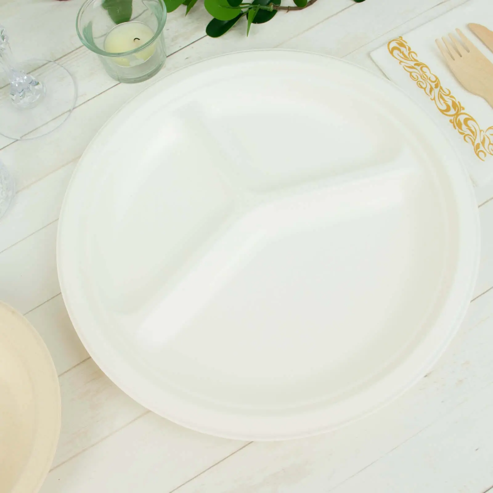 50-Pack 10" Bagasse Fiber Round 3-Compartment Plates, Biodegradable Eco-Friendly Hot Resistant Food-Safe Disposable Tableware for Outdoor Weddings, Meal Prep