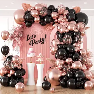 132 count Rose  and Black Balloon Arch Kit, Metallic Rose  and Black Balloons Different Sizes of 18 12 10 Inch with Confetti Balloon for Wedding Graduation  Shower Birthday Party Decoration