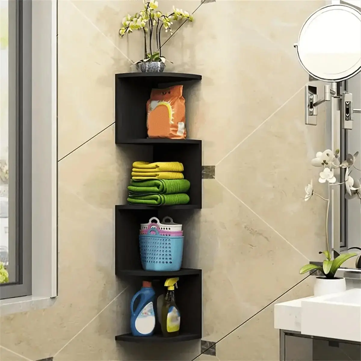 5-Tier PVC Vinyl Multifunctional Corner Floating Shelf - Wall-Mounted Rack for Bathroom, Living Room Home Decor