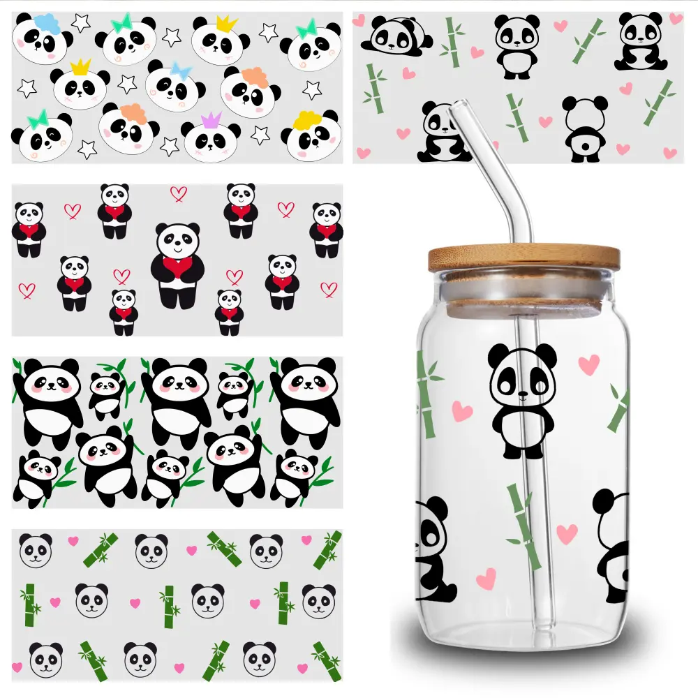 5 Pcs Assorted Size UV DTF Stickers - Panda Prints, Retro Bat & Morning Glory Designs, Easy-Use Self-Adhesive Waterproof Rub-On Transfers, Household Decor Labels for Cups & Windows