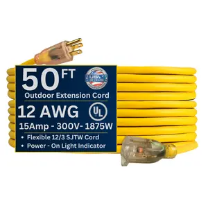 US Wire and Cable 12/3 Gauge Lighted Heavy Duty General Purpose Extension Cords – 12/3 Gauge, Yellow, Kink-Resistant, Heavy Duty, Power Indicator Light, SJTW, Made in USA
