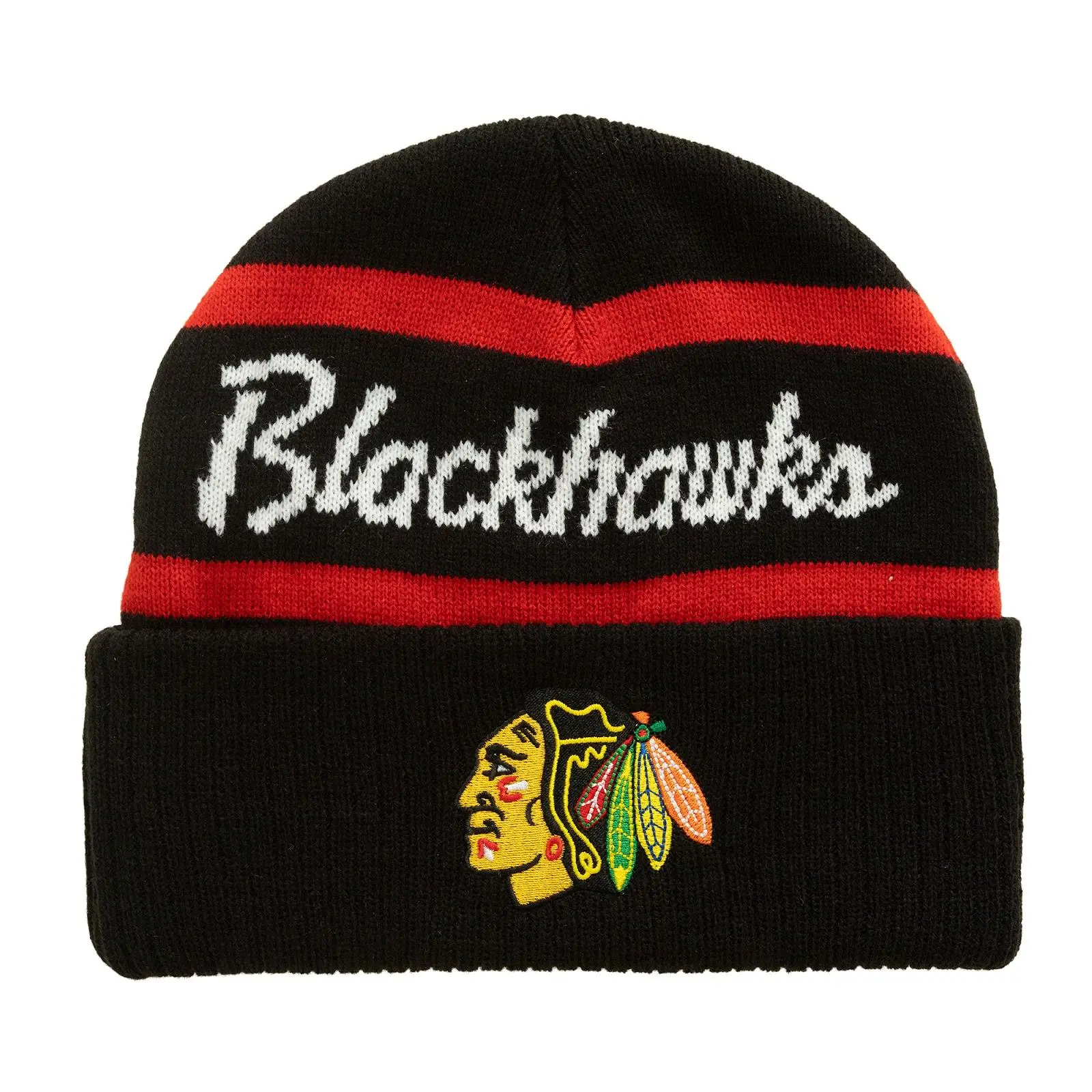 Chicago Blackhawks Black Head Coach Cuffed Knit Hat NHL Throwback Cap Adjustable Fan Gear Mitchell & Ness