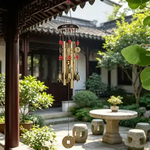 Chinese Traditional Retro 4 Tubes 5 Bells Bronze Wind Chimes, 60cm Outdoor Garden Decor, Elegant Yard Music for Relaxing Atmosphere